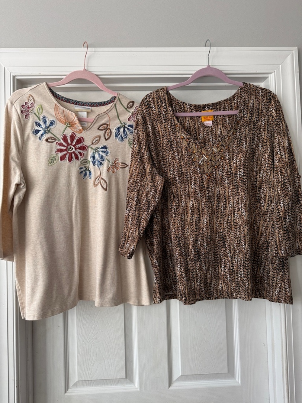 Alfred Dunner Cream Embroidered Floral Top and Brown Knit V-Neck Top